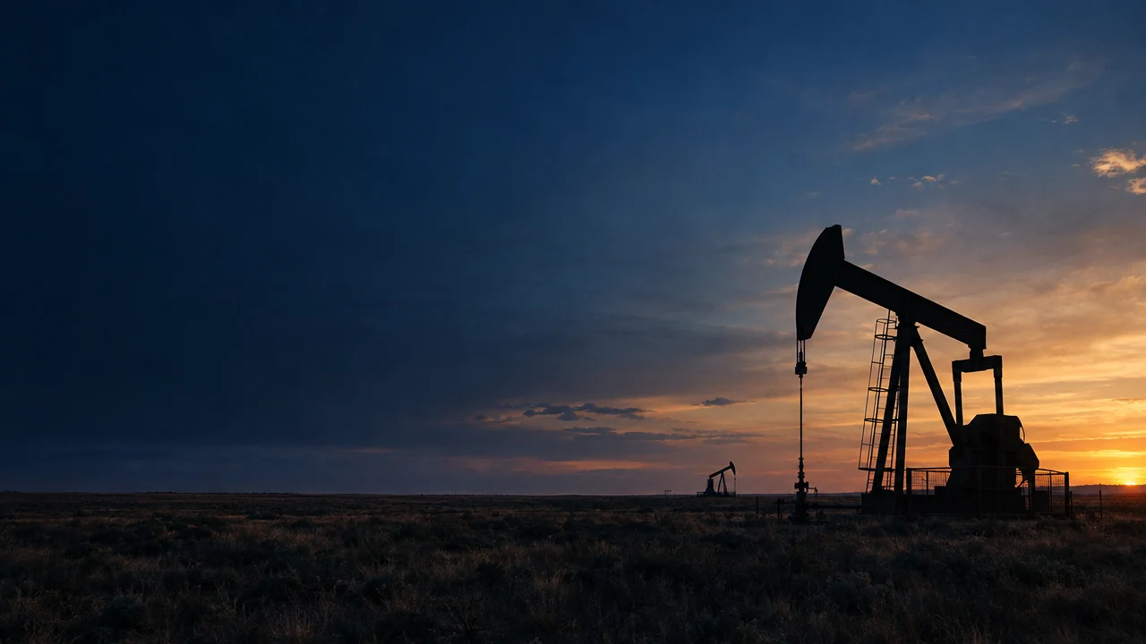 Illustrative oilfield landscape with silhouetted pumpjacks under an amber evening sky